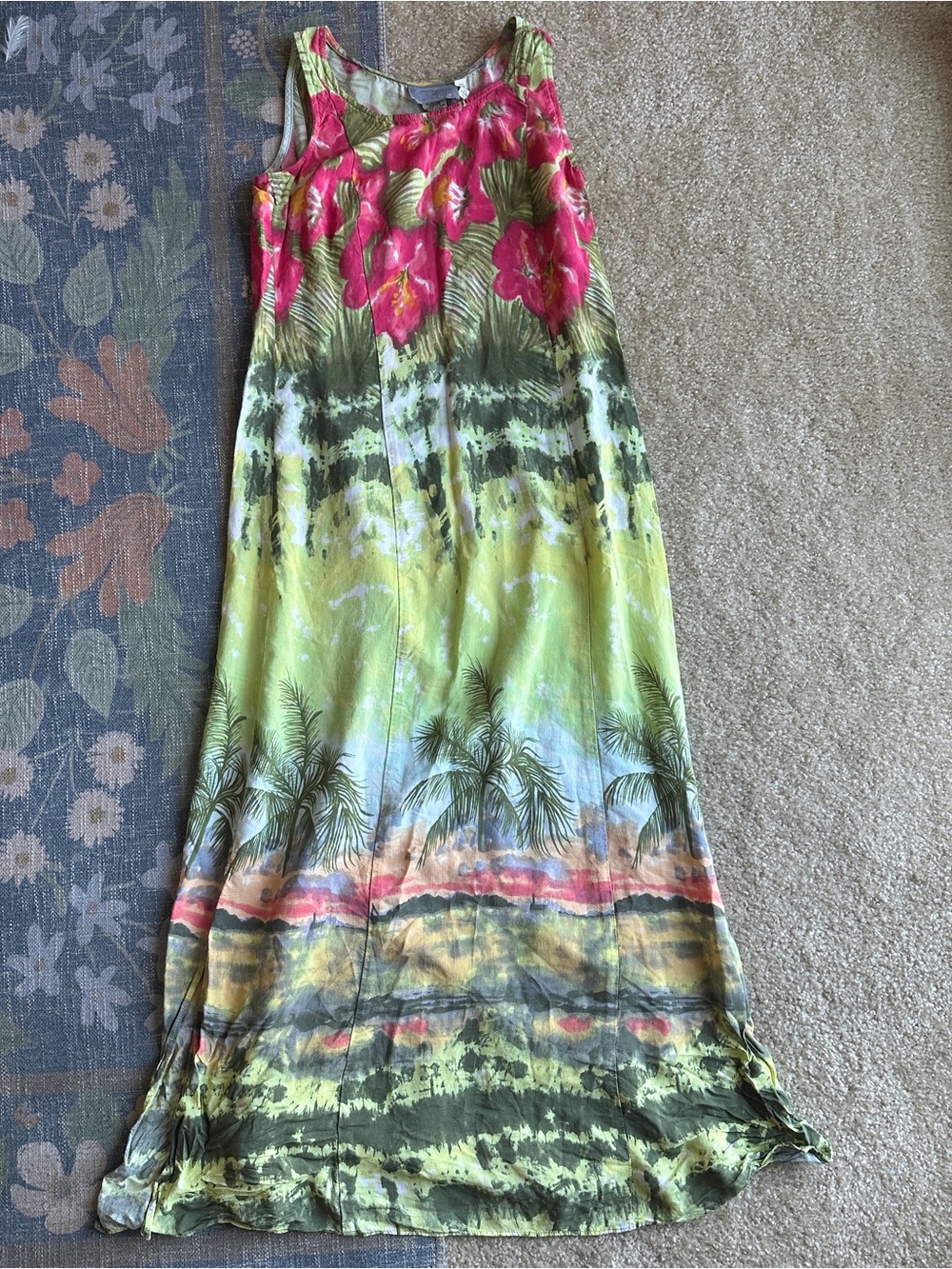 Vintage Carol Anderson Tropical Floral Maxi Dress in Green and Pink